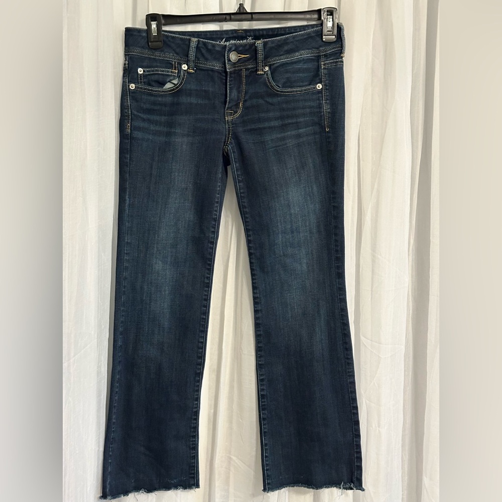 American Eagle Dark Wash Women’s Jeans - super stretch slim boot w/RawHem - Picture 2 of 9